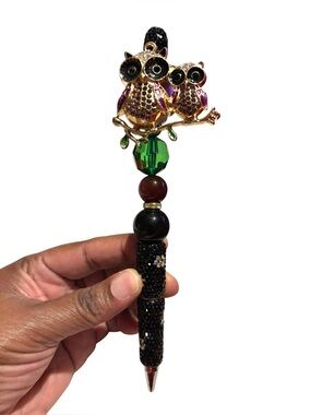 Handcrafted Black Rhinestone Pen With Owls